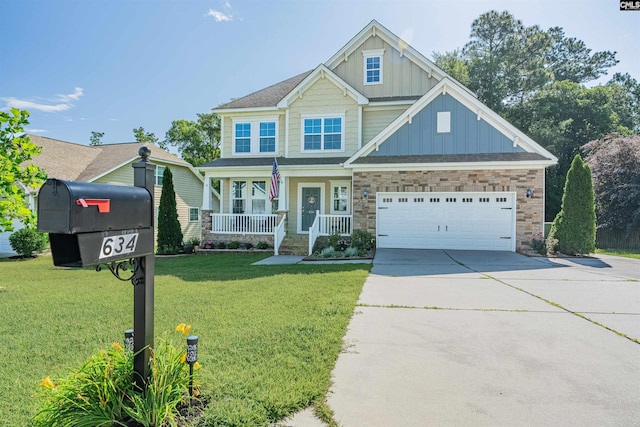 634 Bluff Pointe, Columbia, SC 29212 - craftsman house featuring board and batten siding, a porch, driveway, a front lawn, and stone siding