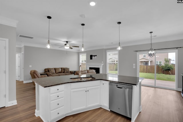 935 Taramore Ln, Lexington, SC 29072 - kitchen with dishwasher, ornamental molding, ceiling fan, open floor plan, and a fireplace