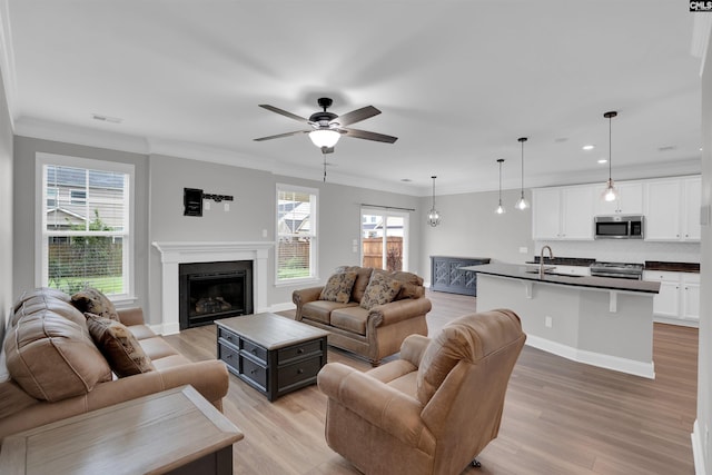 935 Taramore Ln, Lexington, SC 29072 - living room with light wood-type flooring, healthy amount of natural light, ceiling fan, recessed lighting, and ornamental molding