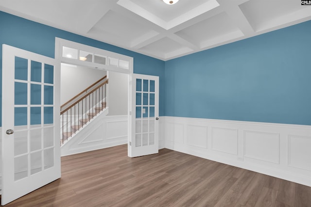 935 Taramore Ln, Lexington, SC 29072 - unfurnished room featuring coffered ceiling, french doors, wood finished floors, beam ceiling, and stairs