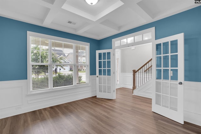 935 Taramore Ln, Lexington, SC 29072 - entrance foyer with french doors, coffered ceiling, a wainscoted wall, beamed ceiling, and stairs
