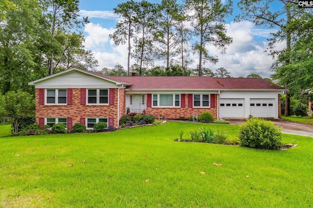 6413 Bridgewood Rd, Columbia, SC 29206 - view of front of home featuring brick siding, a chimney, an attached garage, a front lawn, and concrete driveway