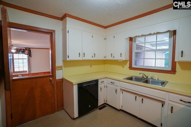 114 Robinson, North, SC 29112 - kitchen with black dishwasher, a textured ceiling, ornamental molding, white cabinetry, and light countertops