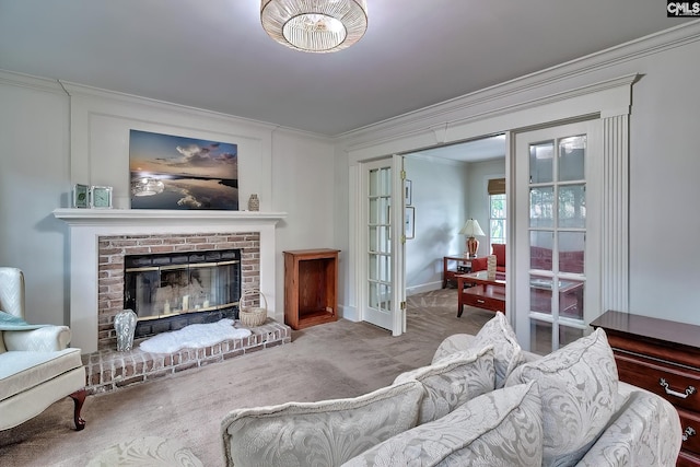 18 Ridgetop Ct, Columbia, SC 29229 - living area with crown molding, carpet, french doors, and a brick fireplace