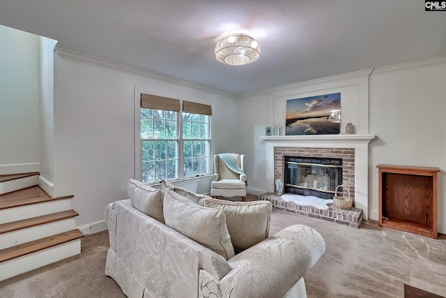 18 Ridgetop Ct, Columbia, SC 29229 - living area featuring carpet, ornamental molding, a fireplace, and stairs