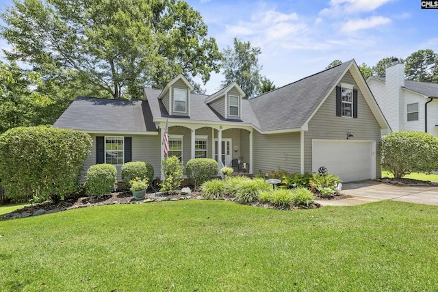 115 Black Creek Ln, Irmo, SC 29063 - cape cod home featuring concrete driveway, a front yard, an attached garage, covered porch, and a shingled roof