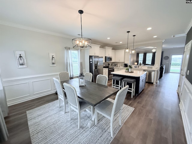 122 Tannery Way, Lexington, SC 29073 - dining room featuring ornamental molding, dark wood-style floors, a wainscoted wall, recessed lighting, and a decorative wall