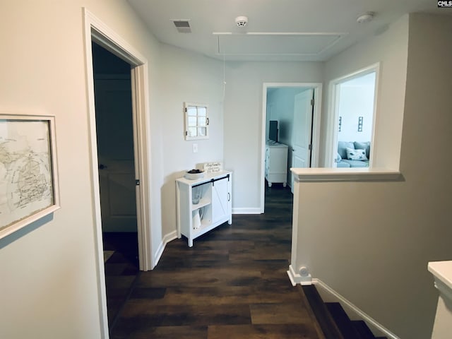 122 Tannery Way, Lexington, SC 29073 - hallway featuring attic access and dark wood-style flooring