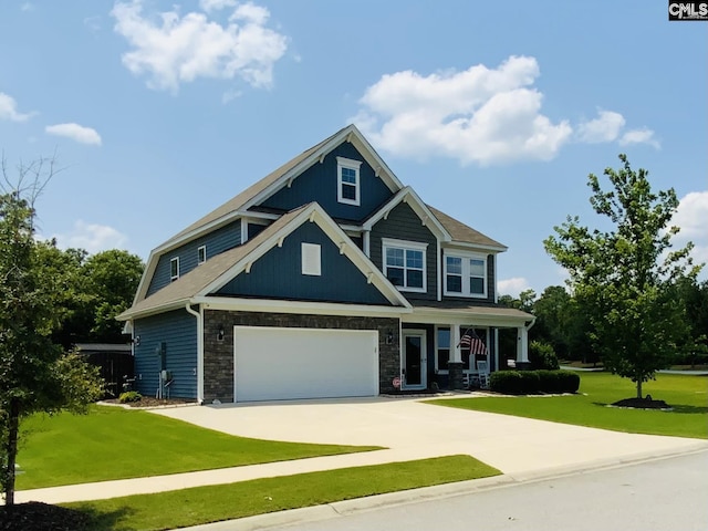 122 Tannery Way, Lexington, SC 29073 - craftsman inspired home featuring a front yard, a porch, driveway, and stone siding