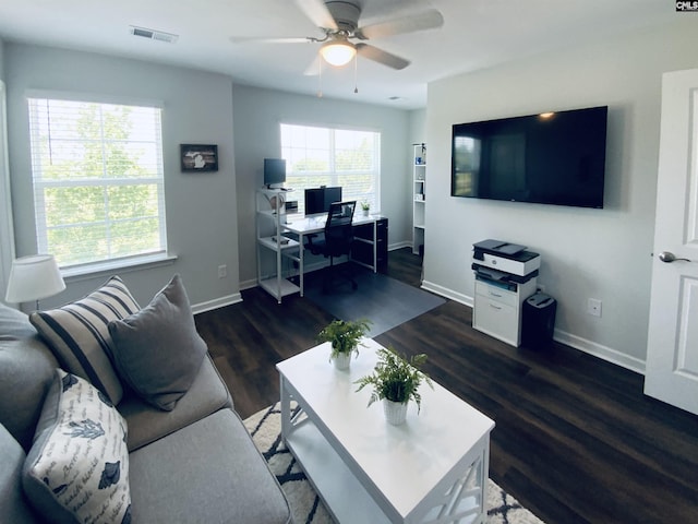 122 Tannery Way, Lexington, SC 29073 - living area featuring an office area, ceiling fan, and dark wood-style flooring