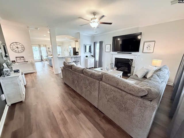 122 Tannery Way, Lexington, SC 29073 - living area with a ceiling fan, crown molding, a glass covered fireplace, wood finished floors, and ornate columns