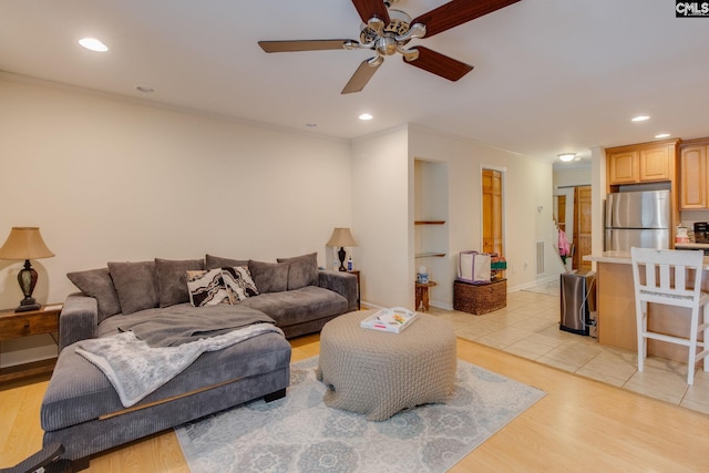 301 Harbor Heights Dr Unit 17D, Lexington, SC 29072 - living area featuring a ceiling fan, ornamental molding, light wood-style floors, and recessed lighting