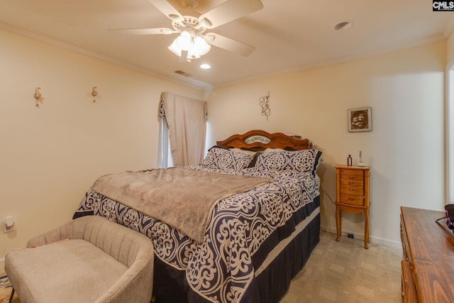 301 Harbor Heights Dr Unit 17D, Lexington, SC 29072 - bedroom with light carpet, ornamental molding, a ceiling fan, and recessed lighting