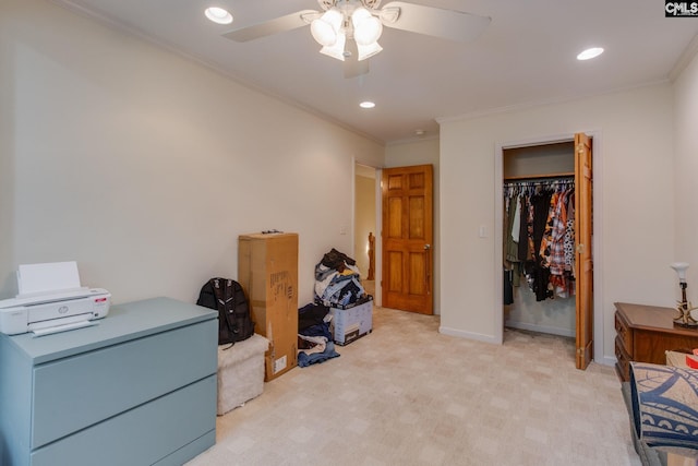 301 Harbor Heights Dr Unit 17D, Lexington, SC 29072 - bedroom featuring ornamental molding, recessed lighting, light colored carpet, a closet, and a ceiling fan