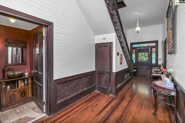 1208 Peacehaven Rd, Chapin, SC 29036 - foyer with wooden walls, wood-type flooring, and stairs