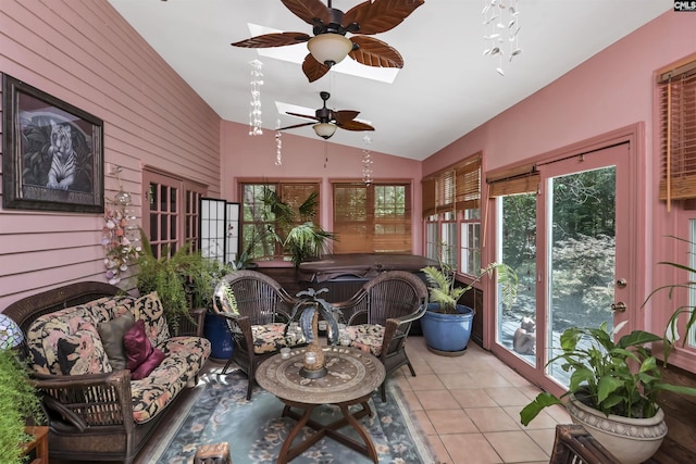 1208 Peacehaven Rd, Chapin, SC 29036 - sunroom / solarium with vaulted ceiling, a skylight, tile patterned flooring, and wood walls