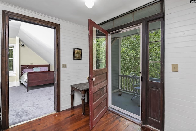 1208 Peacehaven Rd, Chapin, SC 29036 - entryway featuring dark wood-style flooring, wooden walls, and lofted ceiling