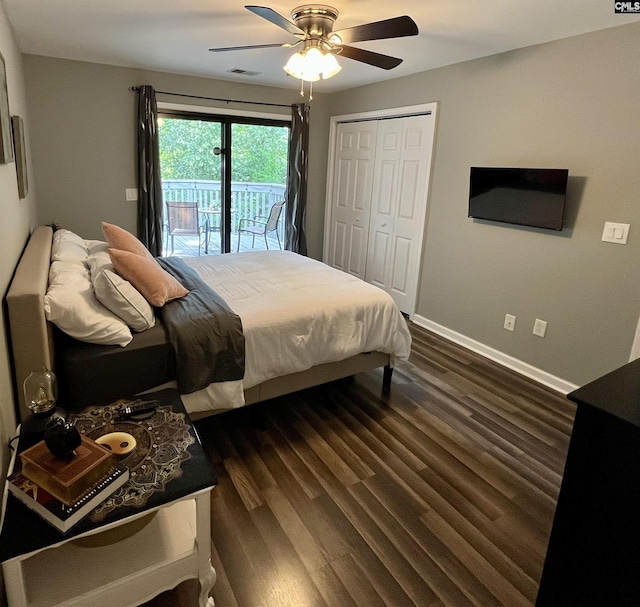 448 Deerwood St Unit 6F, Columbia, SC 29205 - bedroom with access to exterior, dark wood finished floors, a ceiling fan, and a closet