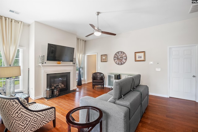 140 Springhaven Dr, Columbia, SC 29210 - living area featuring wood finished floors, ceiling fan, and a fireplace with flush hearth