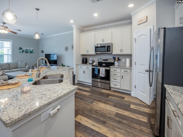 230 Eascott Pl, Columbia, SC 29229 - kitchen with appliances with stainless steel finishes, open floor plan, dark wood-style flooring, ornamental molding, and a ceiling fan