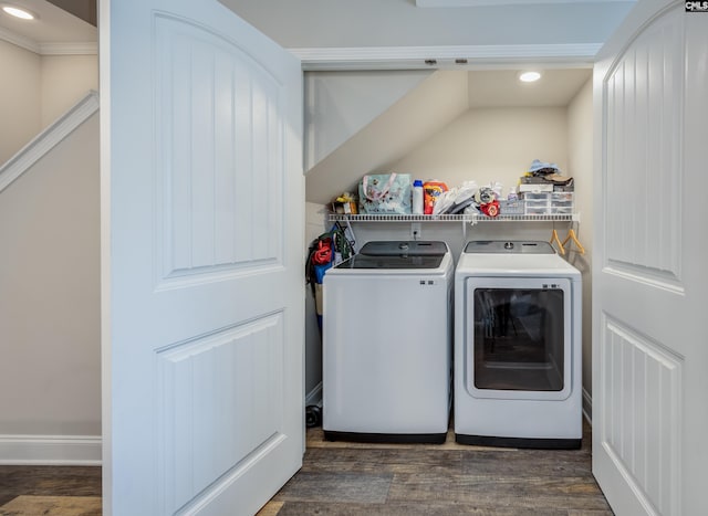 230 Eascott Pl, Columbia, SC 29229 - laundry area featuring washer and dryer, dark wood-type flooring, recessed lighting, and crown molding
