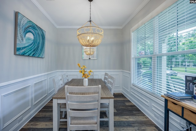 230 Eascott Pl, Columbia, SC 29229 - dining area featuring dark wood-style floors, a chandelier, ornamental molding, wainscoting, and a decorative wall