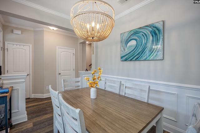 230 Eascott Pl, Columbia, SC 29229 - dining area with a chandelier, dark wood-style floors, crown molding, and a wainscoted wall