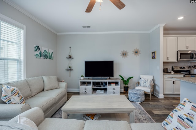230 Eascott Pl, Columbia, SC 29229 - living room featuring ornamental molding, dark wood-type flooring, ceiling fan, and recessed lighting
