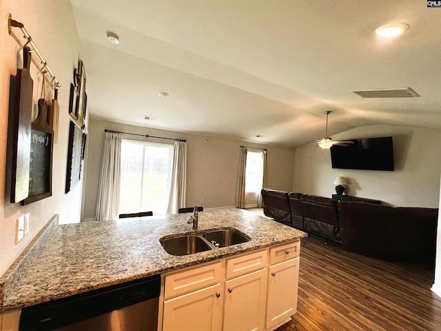 1406 Native Garden Rd, Gilbert, SC 29054 - kitchen featuring stainless steel dishwasher, open floor plan, light stone counters, dark wood-style floors, and ceiling fan