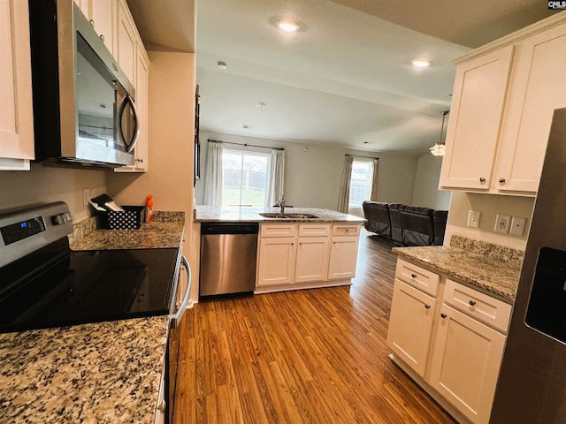 1406 Native Garden Rd, Gilbert, SC 29054 - kitchen with stainless steel appliances, open floor plan, light wood-type flooring, a peninsula, and light stone counters
