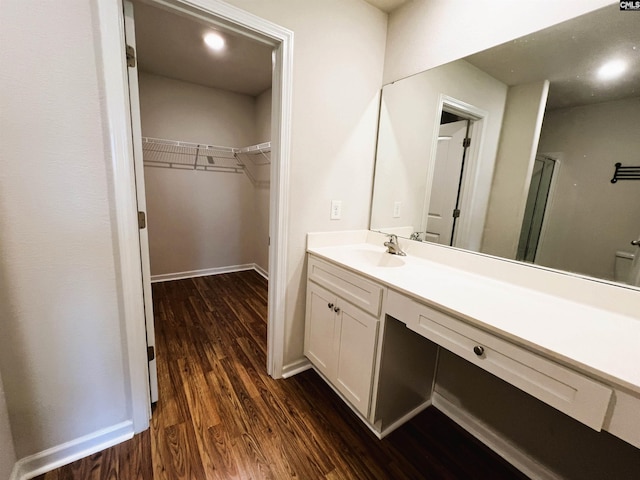 1406 Native Garden Rd, Gilbert, SC 29054 - bathroom featuring a stall shower, vanity, wood finished floors, and a walk in closet