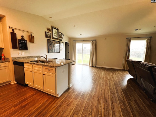 1406 Native Garden Rd, Gilbert, SC 29054 - kitchen featuring dishwasher, open floor plan, a peninsula, dark wood-style flooring, and lofted ceiling