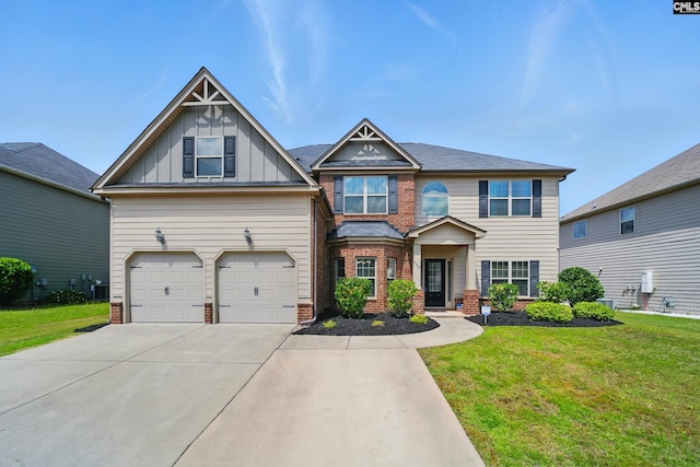 129 River Bridge Ln, Lexington, SC 29073 - craftsman-style home featuring brick siding, concrete driveway, a front yard, and board and batten siding