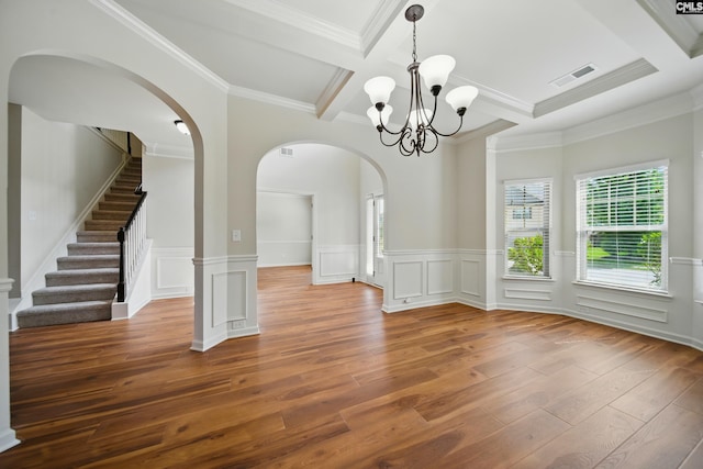 129 River Bridge Ln, Lexington, SC 29073 - unfurnished room with coffered ceiling, hardwood / wood-style floors, a chandelier, beamed ceiling, and ornamental molding