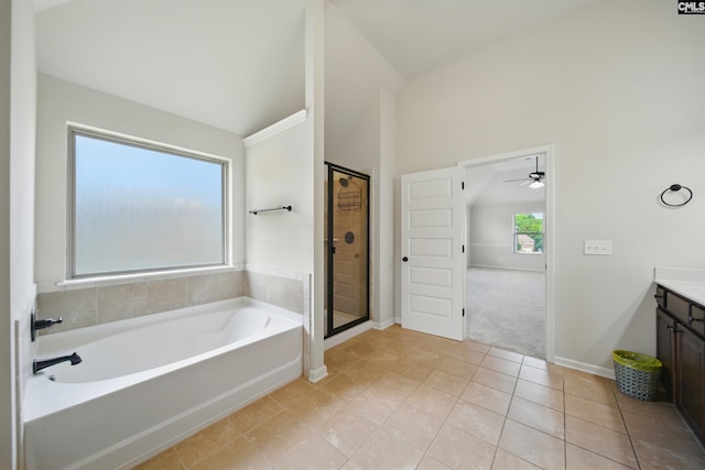 129 River Bridge Ln, Lexington, SC 29073 - bathroom with a garden tub, vanity, lofted ceiling, tile patterned floors, and a shower stall
