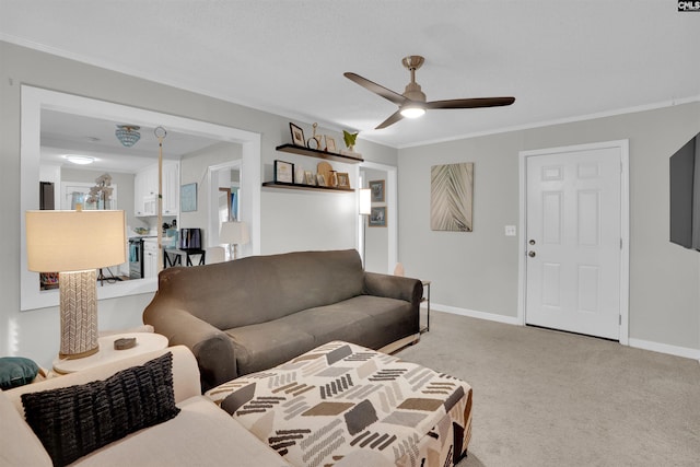 1715 Lacy St, Columbia, SC 29169 - living room featuring ceiling fan, light colored carpet, and ornamental molding