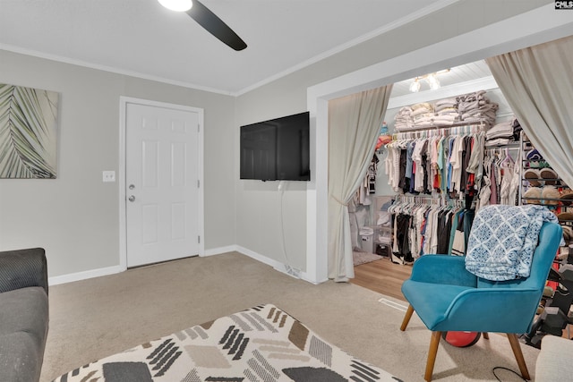 1715 Lacy St, Columbia, SC 29169 - carpeted living room featuring ceiling fan and ornamental molding
