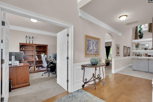 699 Village Market Dr, Chapin, SC 29036 - office featuring arched walkways, crown molding, wainscoting, and wood finished floors