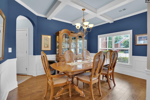699 Village Market Dr, Chapin, SC 29036 - dining area featuring arched walkways, a wainscoted wall, coffered ceiling, a chandelier, and beam ceiling