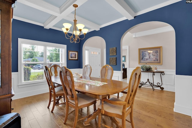 699 Village Market Dr, Chapin, SC 29036 - dining room with arched walkways, a wainscoted wall, beamed ceiling, wood finished floors, and a chandelier