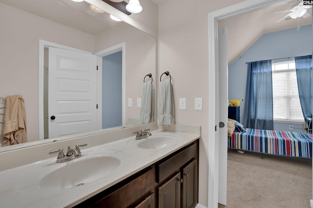 699 Village Market Dr, Chapin, SC 29036 - bathroom featuring double vanity, connected bathroom, ceiling fan, and lofted ceiling