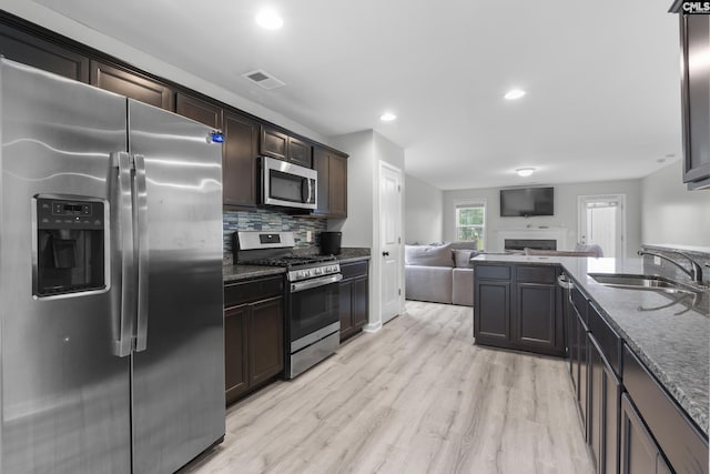 465 Vanburen Ct, Gaston, SC 29053 - kitchen with appliances with stainless steel finishes, open floor plan, dark brown cabinets, light wood-type flooring, and a fireplace