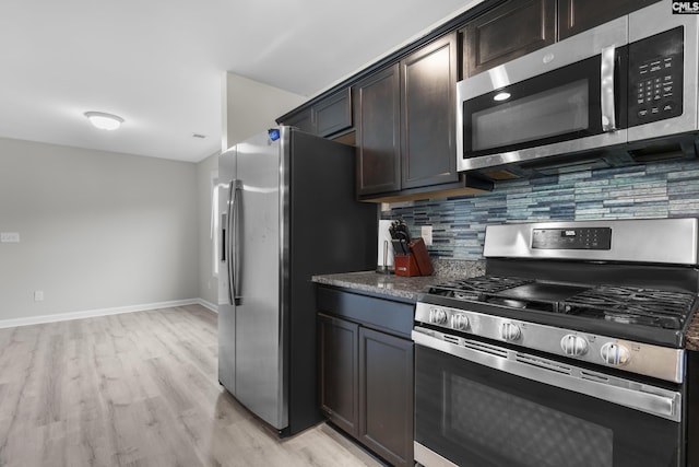 465 Vanburen Ct, Gaston, SC 29053 - kitchen with stainless steel appliances, backsplash, light wood-style flooring, and dark brown cabinetry