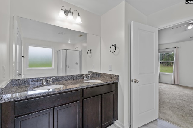 465 Vanburen Ct, Gaston, SC 29053 - full bathroom featuring a shower stall, double vanity, and a ceiling fan
