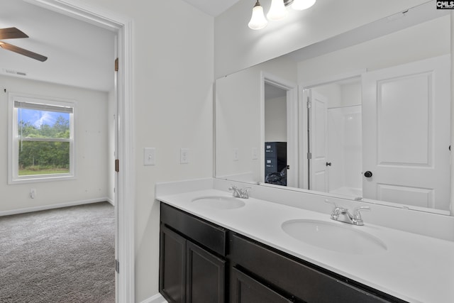 465 Vanburen Ct, Gaston, SC 29053 - bathroom featuring double vanity and ceiling fan