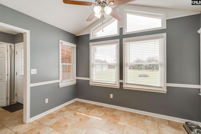 40 Stonehedge Ct, Sumter, SC 29154 - empty room featuring a ceiling fan, lofted ceiling, healthy amount of natural light, and light tile patterned floors