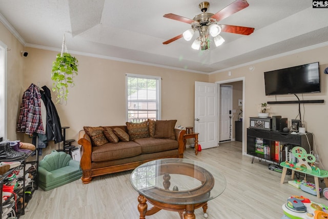 255 Sunnydale Dr, Columbia, SC 29223 - living area featuring wood finished floors, a ceiling fan, ornamental molding, and a raised ceiling