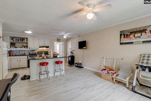 255 Sunnydale Dr, Columbia, SC 29223 - kitchen with freestanding refrigerator, dark countertops, open shelves, ceiling fan, and light wood-style flooring