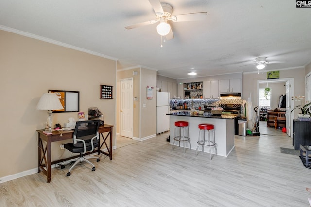 255 Sunnydale Dr, Columbia, SC 29223 - kitchen featuring ceiling fan, freestanding refrigerator, crown molding, an office area, and a breakfast bar area