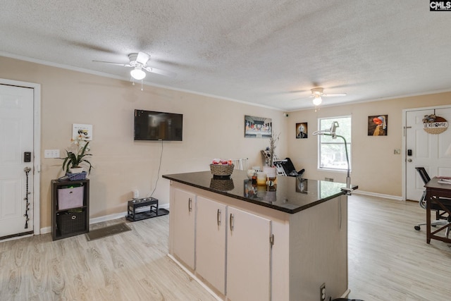 255 Sunnydale Dr, Columbia, SC 29223 - kitchen featuring a ceiling fan, a kitchen island, light wood finished floors, ornamental molding, and a textured ceiling